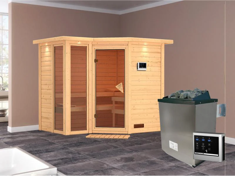 Amara - Karibu Sauna inkl. 9-kW-Ofen - mit Dachkranz - - Image 2