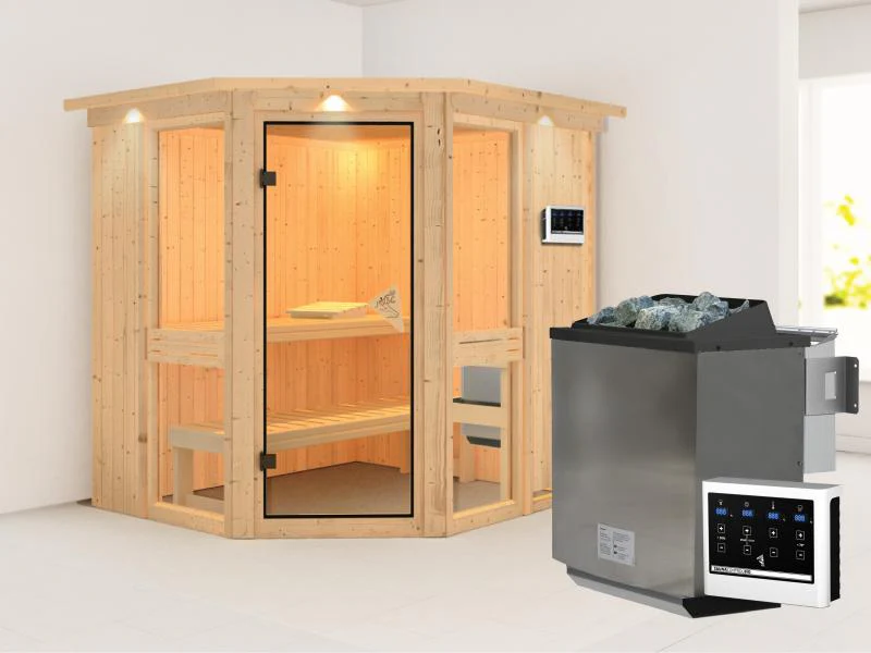 Amelia 1 - Karibu Sauna inkl. 9-kW-Bioofen - mit Dachkranz -