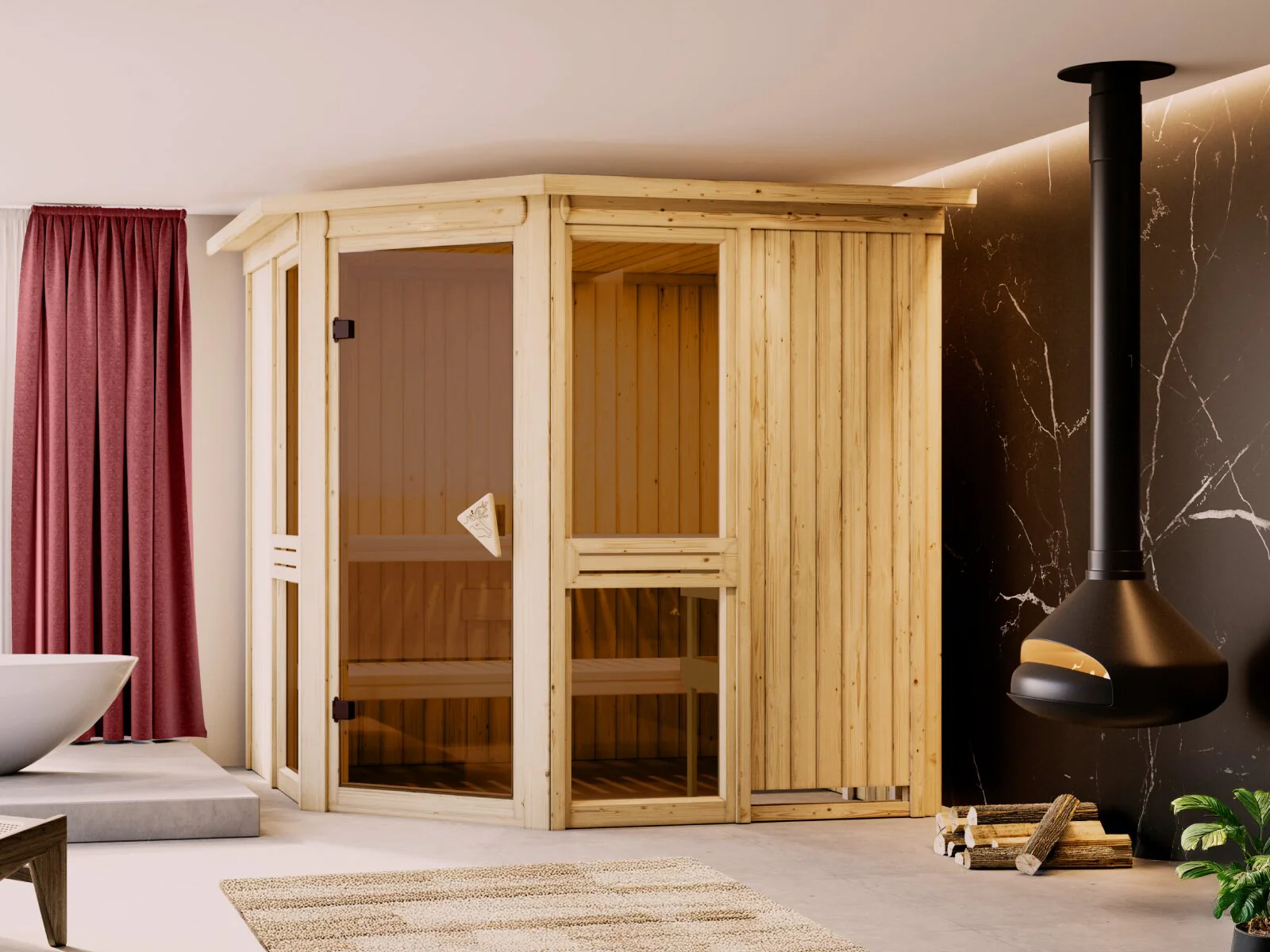 Amelia 2 - Karibu Sauna, inkl. 9 kW Ofen ext. Steuerung Wifi HUUM - mit Dachkranz -