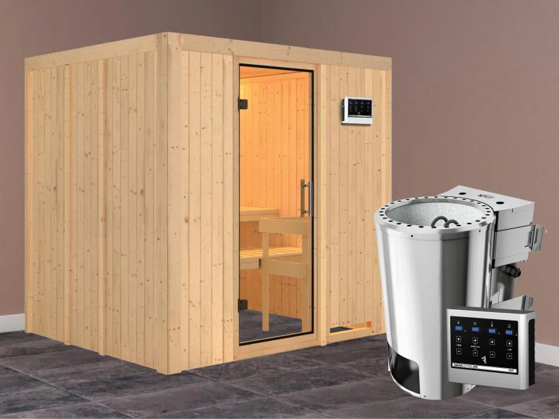 Daria - Karibu Sauna Plug & Play 3,6 kW Bio Ofen, ext. Steuerung - ohne Dachkranz - Klarglas Ganzgla - Image 2