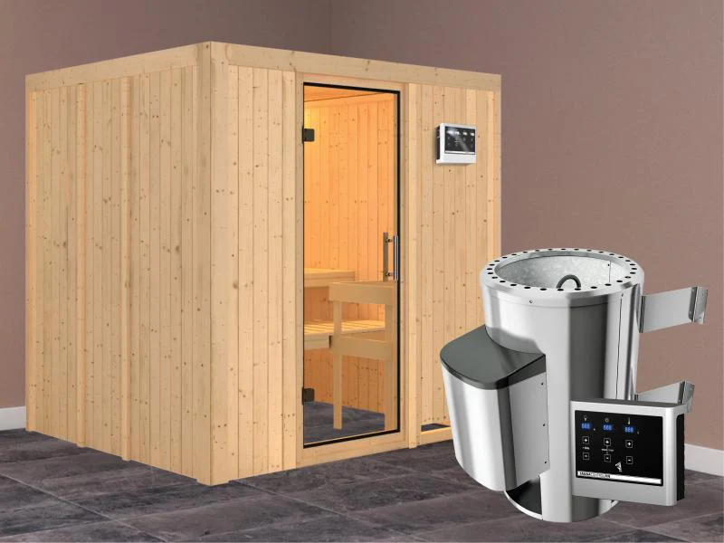 Daria - Karibu Sauna Plug & Play 3,6 kW Ofen, ext. Steuerung - ohne Dachkranz - Klarglas Ganzglastür - Image 2