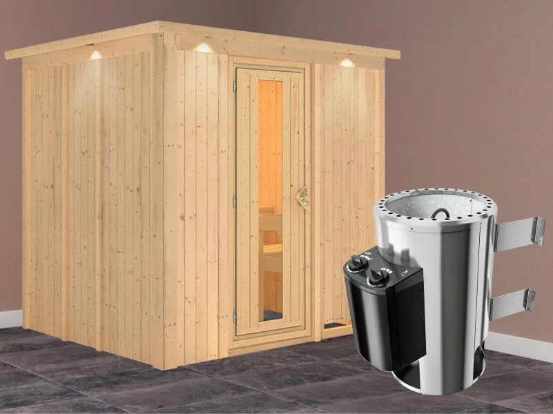 Daria - Karibu Sauna Plug & Play 3,6 kW Ofen, int. Steuerung - mit Dachkranz - Energiespartür - Image 2