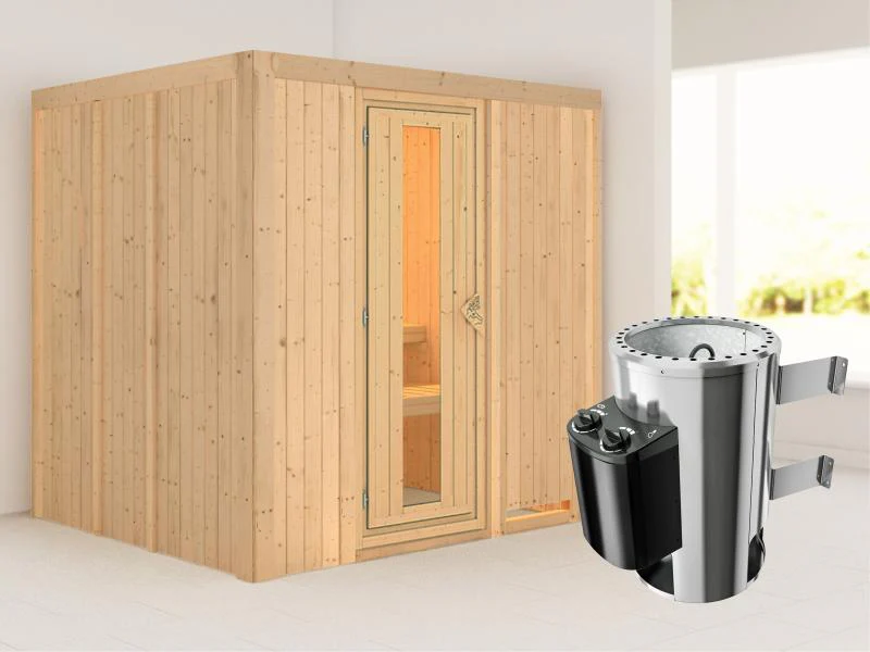 Daria - Karibu Sauna Plug & Play 3,6 kW Ofen, int. Steuerung - ohne Dachkranz - Energiespartür
