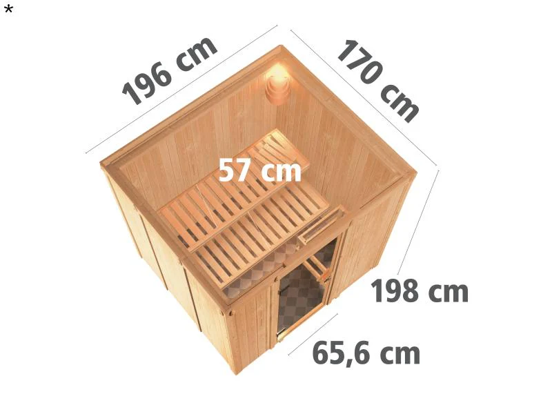 Daria - Karibu Sauna Plug & Play 3,6 kW Ofen, int. Steuerung - ohne Dachkranz - Klarglas Ganzglastür - Image 3