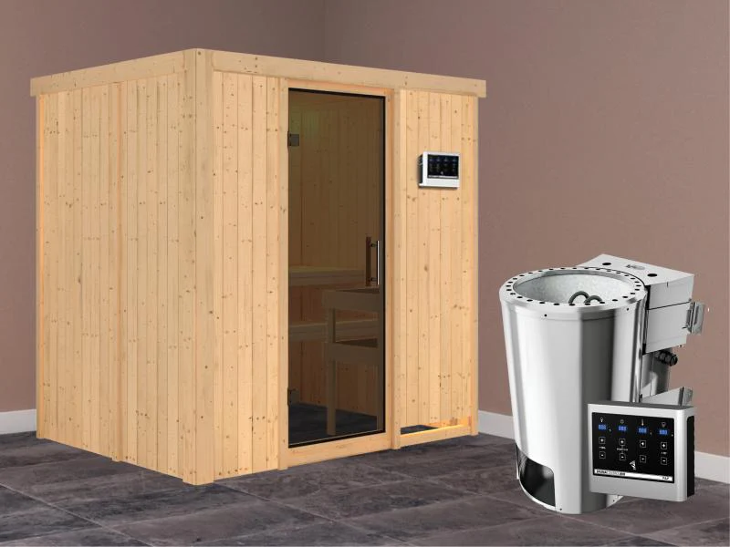 Fanja - Karibu Sauna Plug & Play 3,6 kW Bio Ofen, ext. Steuerung - ohne Dachkranz - Moderne Saunatür - Image 2