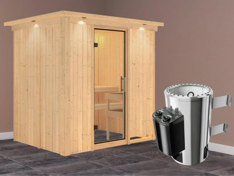 Fanja - Karibu Sauna Plug & Play 3,6 kW Ofen, int. Steuerung - mit Dachkranz - Klarglas Ganzglastür - Image 2
