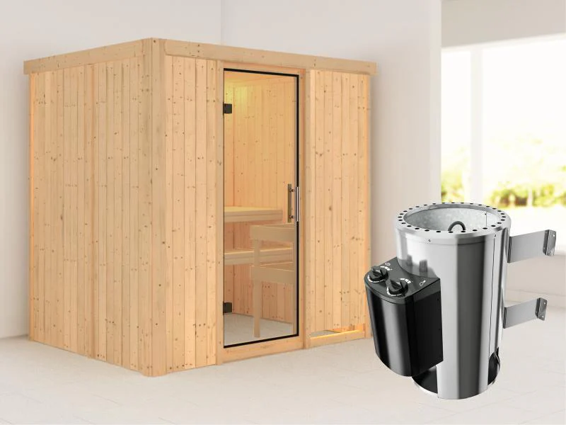 Fanja - Karibu Sauna Plug & Play 3,6 kW Ofen integr. Strg - ohne Dachkranz - Klarglas Ganzglastür