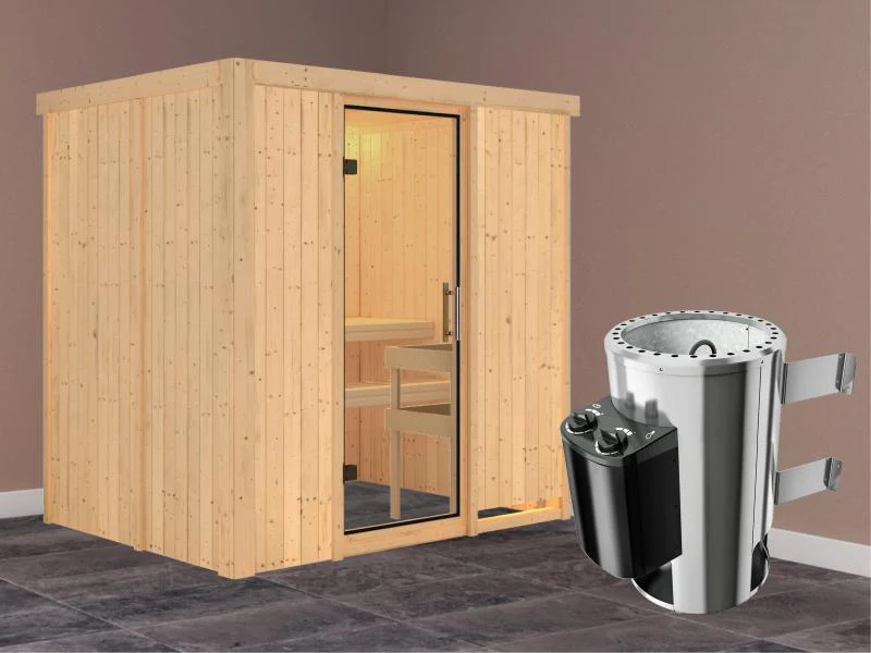 Fanja - Karibu Sauna Plug & Play 3,6 kW Ofen integr. Strg - ohne Dachkranz - Klarglas Ganzglastür - Image 2