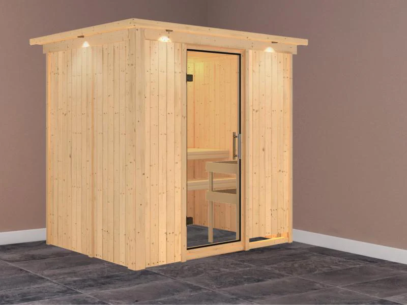 Fanja - Karibu Sauna Plug & Play ohne Ofen - mit Dachkranz - Klarglas Ganzglastür - Image 2