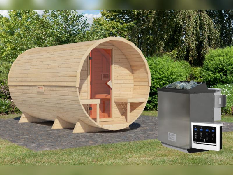 Karibu Fasssauna 3 inkl. 9 kW Bioofen externe Steuerung - 38 mm mit Vorraum - Image 2