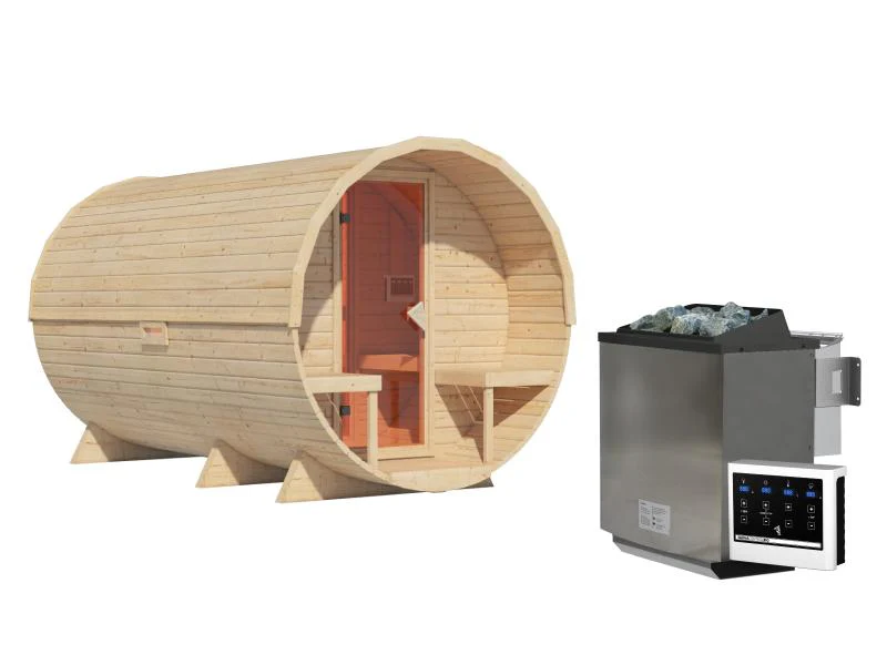 Karibu Fasssauna 3 inkl. 9 kW Bioofen externe Steuerung - 38 mm mit Vorraum - Image 3