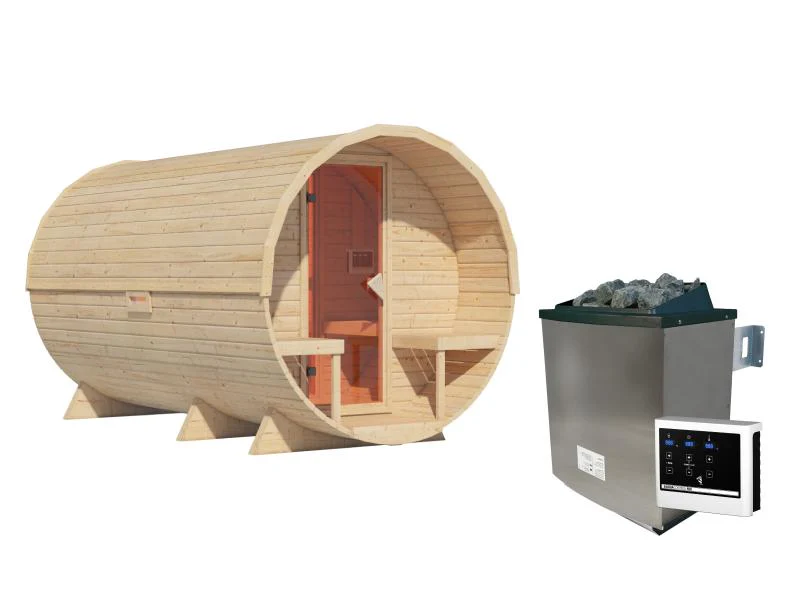 Karibu Fasssauna 3 inkl. 9 kW Ofen externe Steuerung - 38 mm mit Vorraum - Image 3