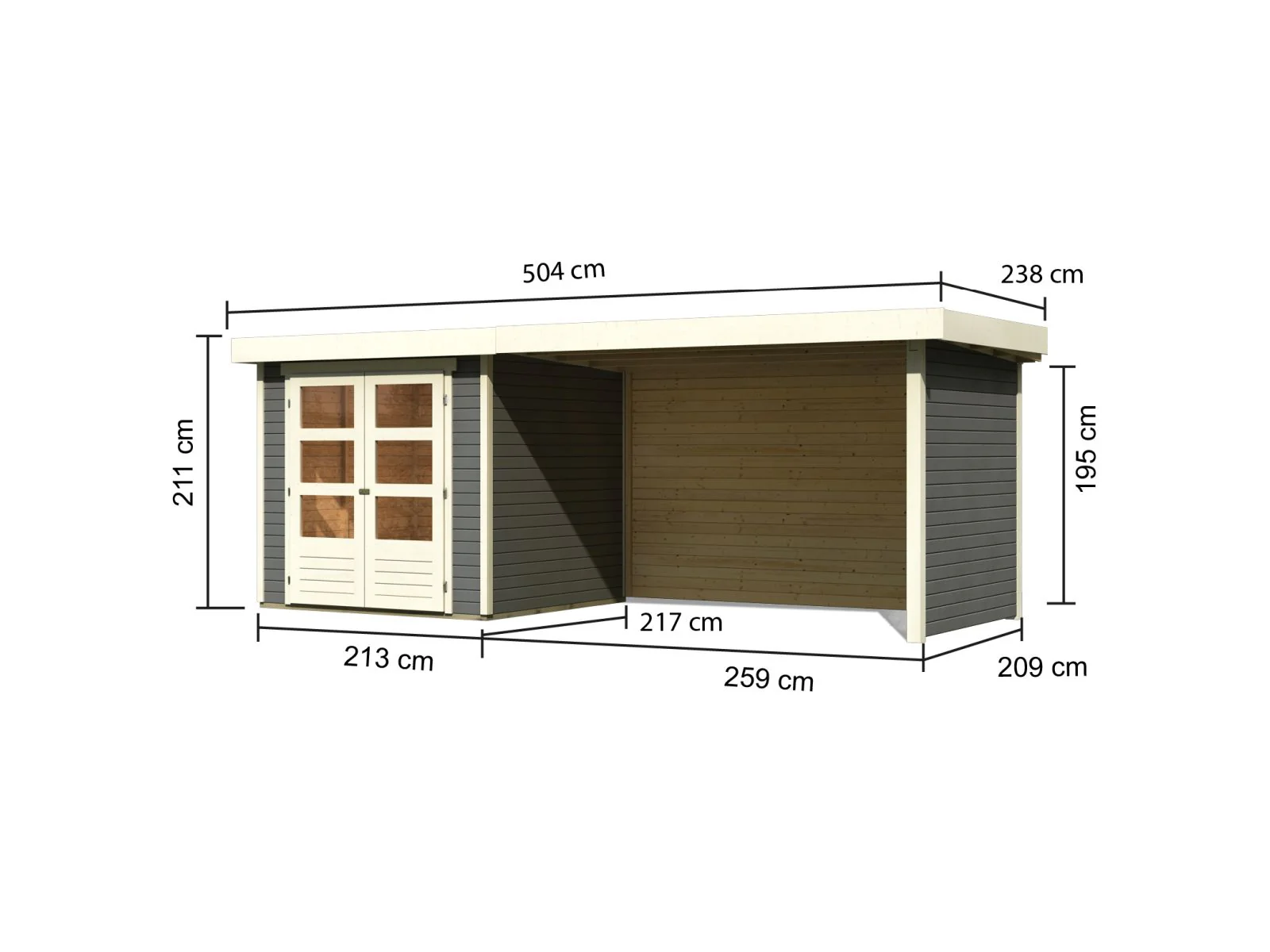 Karibu Gartenhaus Askola 2 terragrau mit Anbaudach 2,80 Meter, Seiten- und Rückwand - Image 3