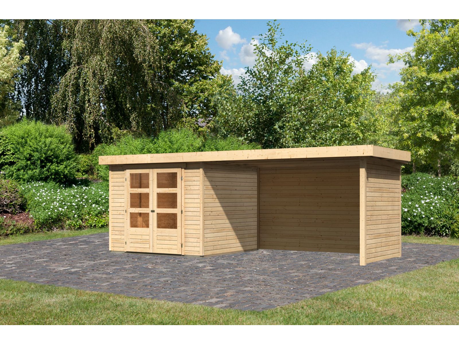Karibu Gartenhaus Askola 3,5 mit Anbaudach 2,75 Meter, Seiten- und Rückwand