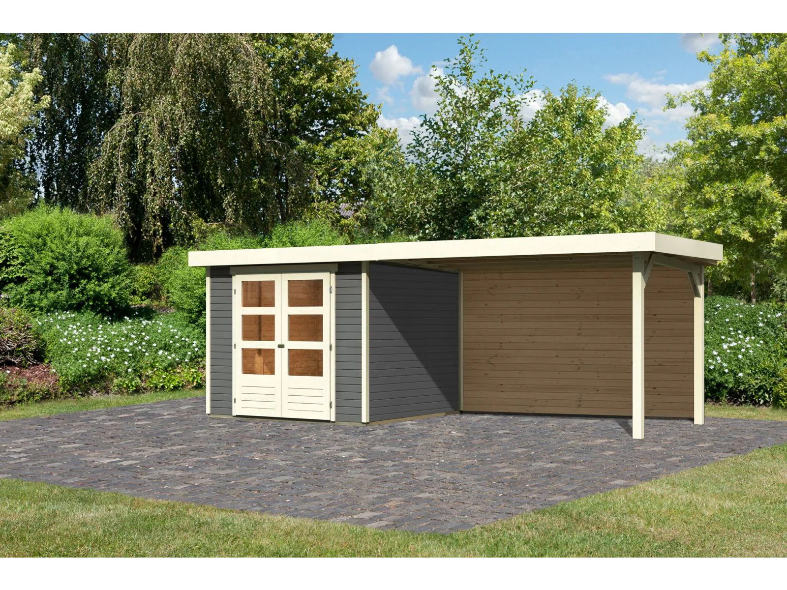 Karibu Gartenhaus Askola 3,5 mit Anbaudach 2,8 m, Rückwand in terragrau - Image 2