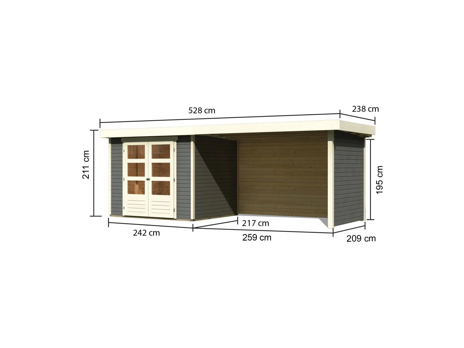 Karibu Gartenhaus Askola 3 in terragrau mit Anbaudach 2,80 Meter, Seiten- und Rückwand - Image 3