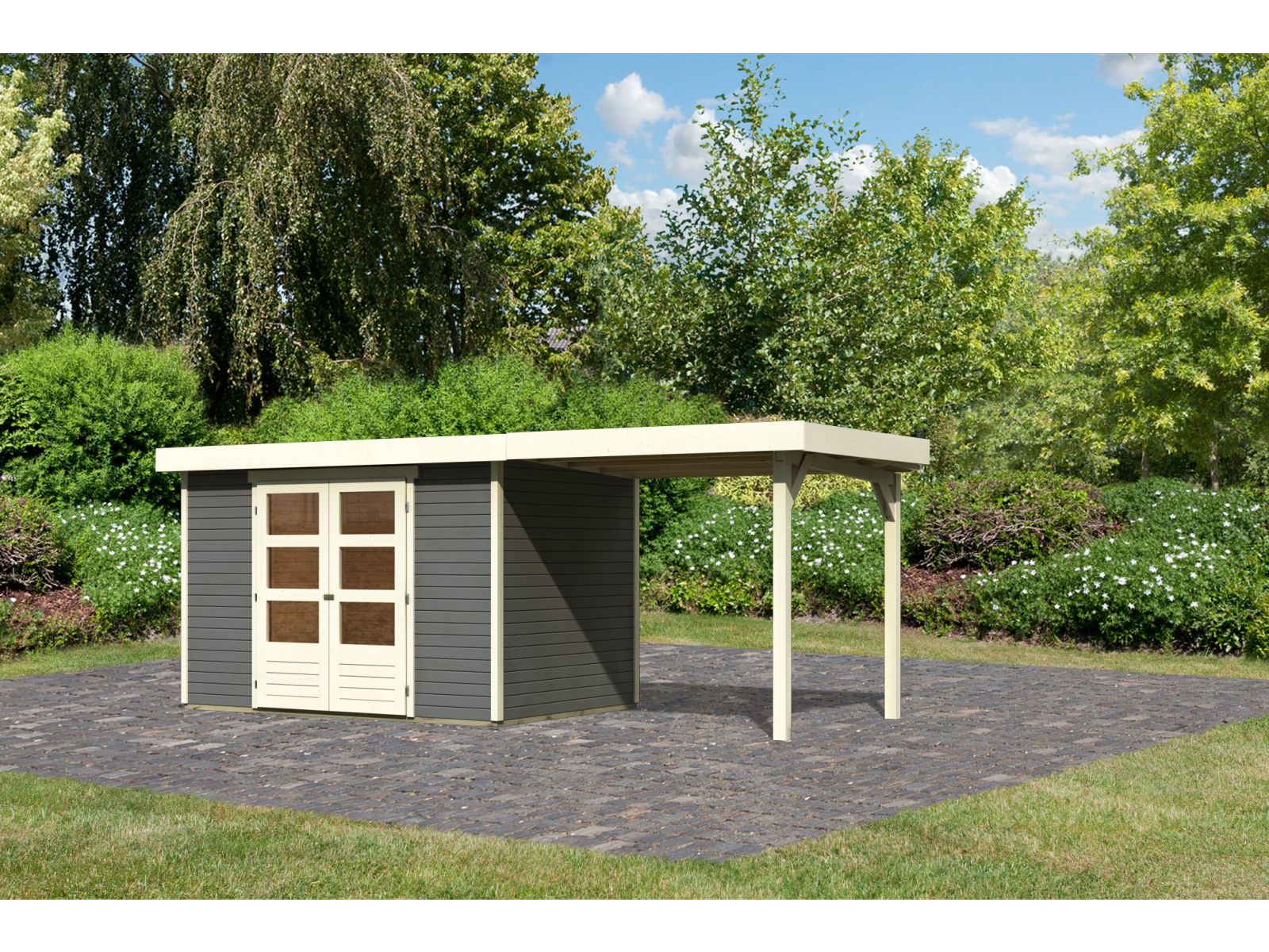 Karibu Gartenhaus Askola 4 in terragrau mit Anbaudach 2,40 Meter - Image 2