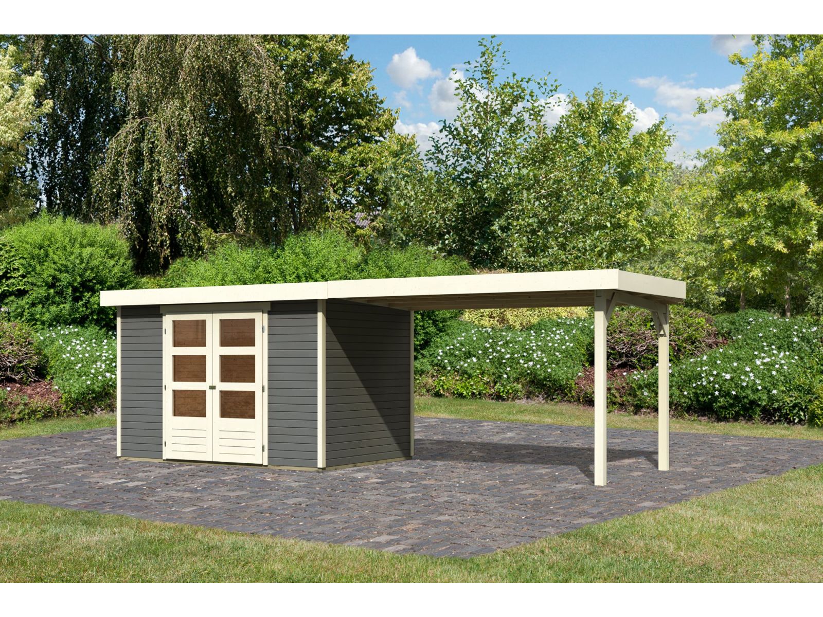 Karibu Gartenhaus Askola 4 terragrau mit Anbaudach 2,80 Meter