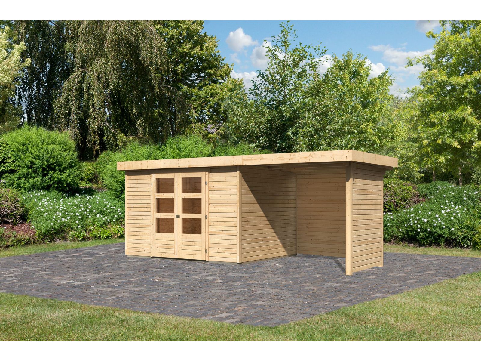 Karibu Gartenhaus Askola 5 mit Anbaudach 2,4 Meter, Seiten- und Rückwand