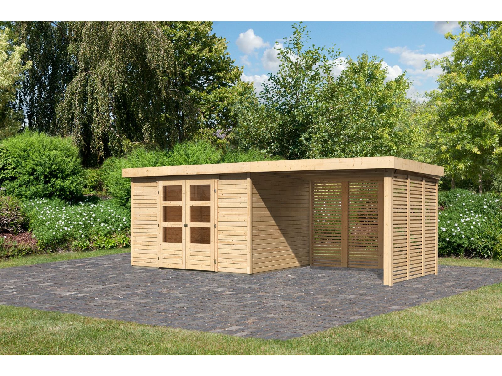 Karibu Gartenhaus Askola 5 mit Anbaudach 2,8 m, Lamellenwände