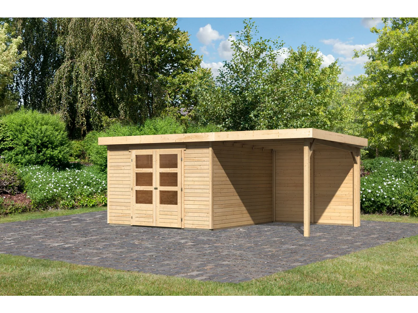 Karibu Gartenhaus Askola 6 natur mit Anbaudach 2,4 Meter - Rückwand