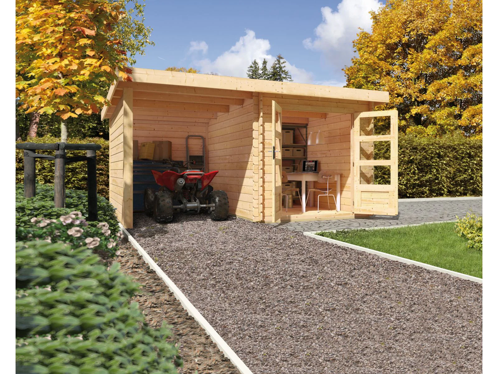 Karibu Gartenhaus Bastrup 2 mit Anbaudach 2 Meter, Seiten- und Rückwand