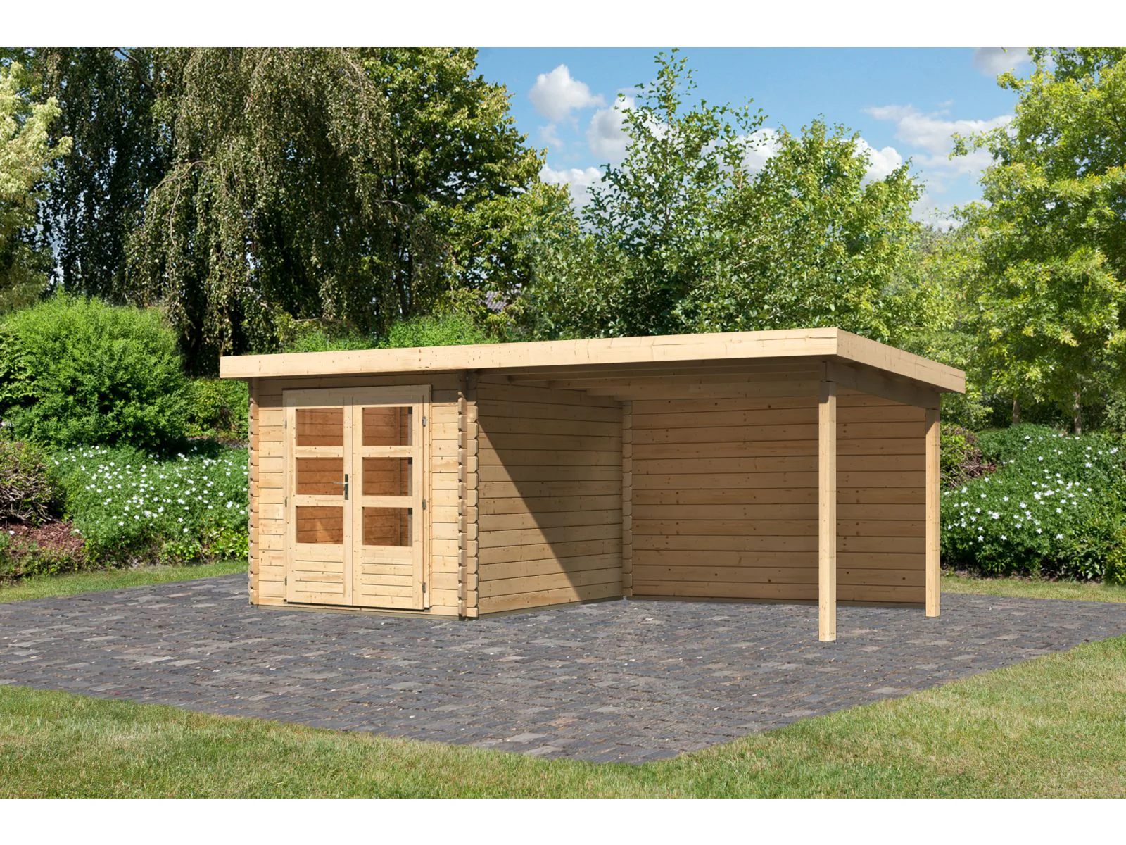 Karibu Gartenhaus Bastrup 4 mit Anbaudach 3 Meter inkl. Rückwand natur