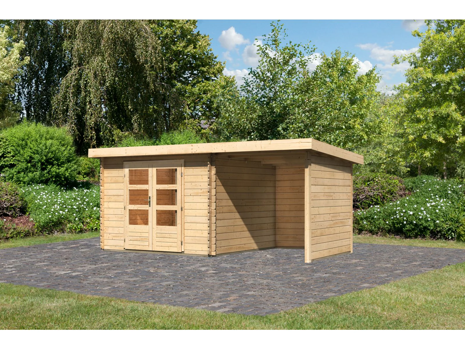 Karibu Gartenhaus Bastrup 5 mit Anbaudach 2 Meter sowie Seiten- und Rückwand natur