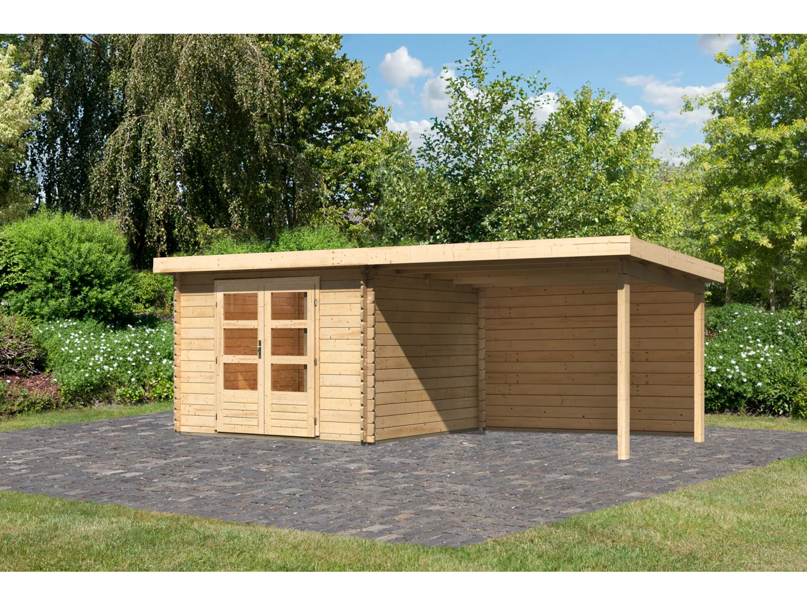 Karibu Gartenhaus Bastrup 5 mit Anbaudach 3 Meter inkl. Rückwand