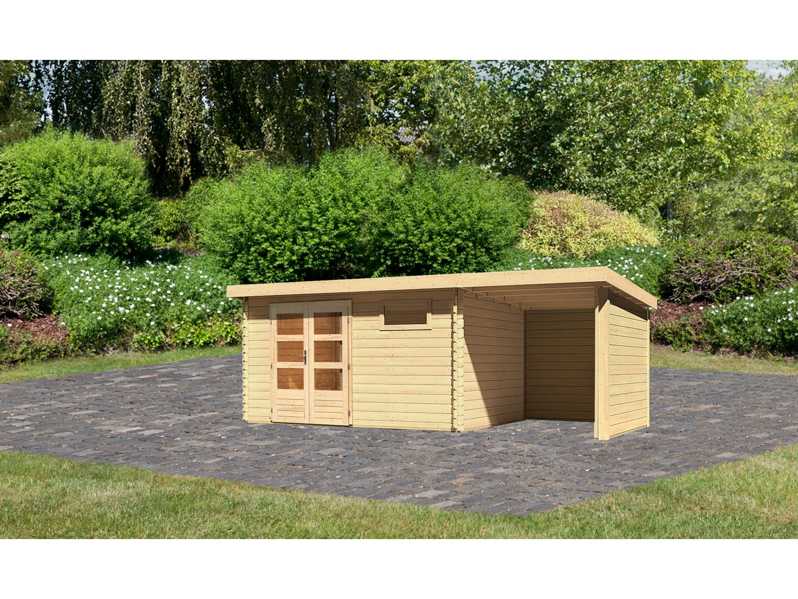 Karibu Gartenhaus Bastrup 8 mit Anbaudach 2 Meter, Rück- und Seitenwand