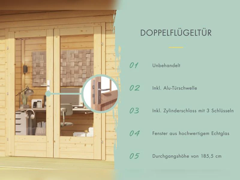 Karibu Gartenhaus Chione, natur 38 mm, inkl. überdachter Terrasse - Image 6