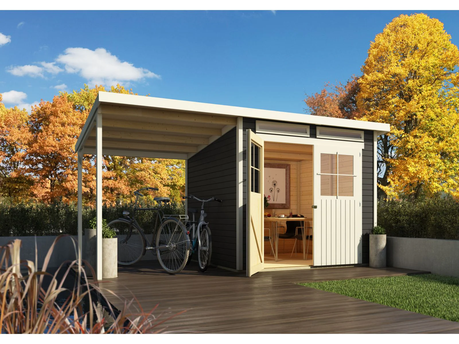 Karibu Gartenhaus Glücksburg 4 in terragrau mit Anbaudach 1,90 Meter - Image 2