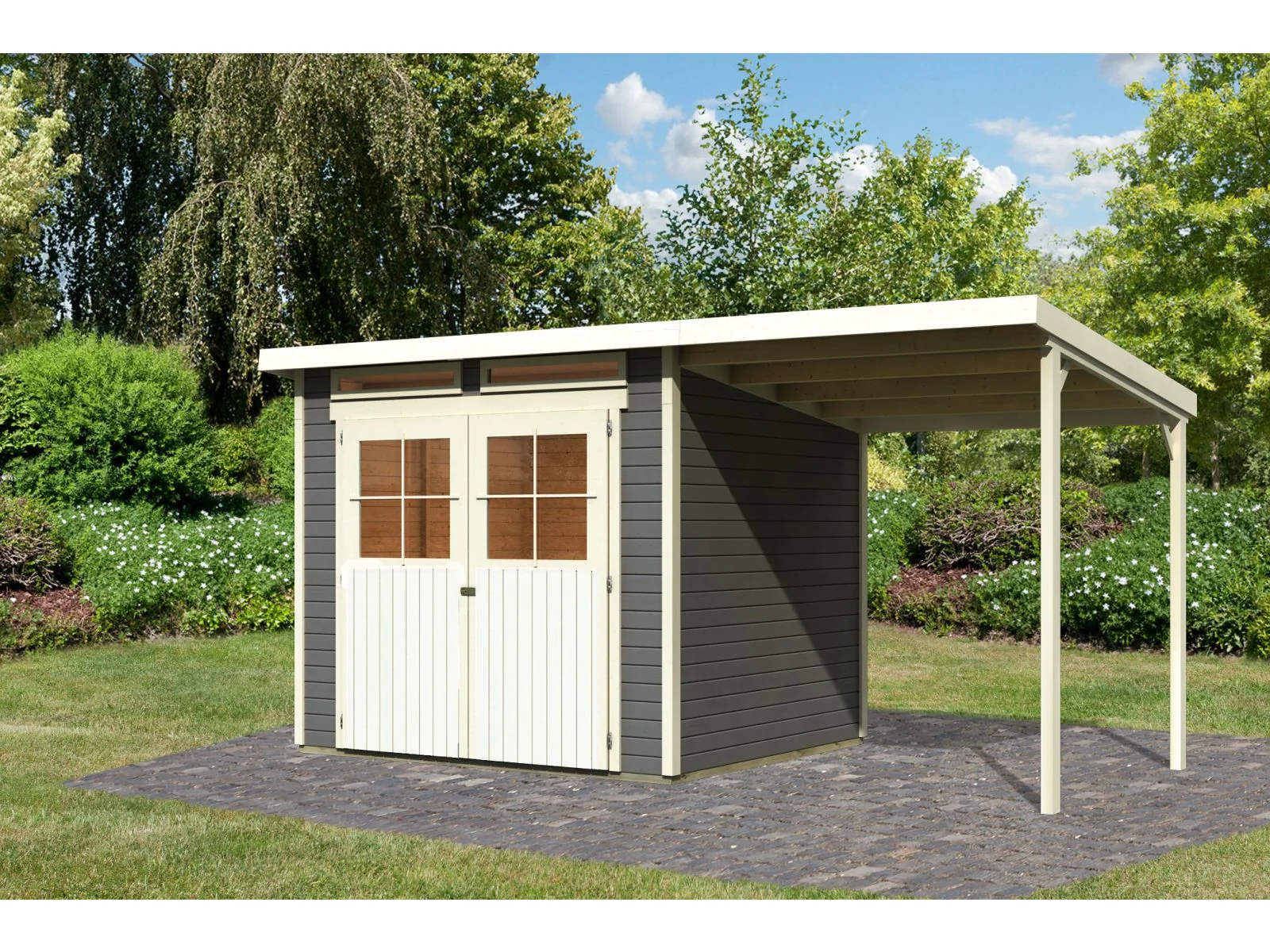 Karibu Gartenhaus Glücksburg 4 in terragrau mit Anbaudach 1,90 Meter - Image 3