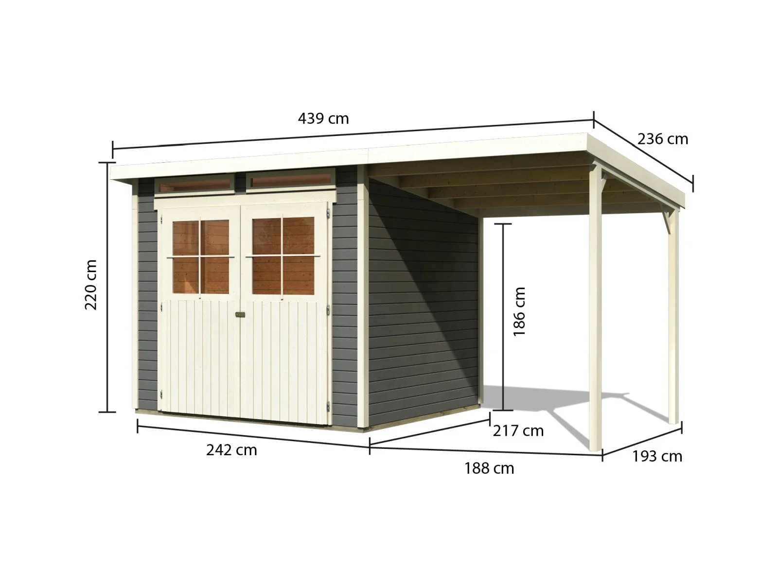 Karibu Gartenhaus Glücksburg 4 in terragrau mit Anbaudach 1,90 Meter - Image 4