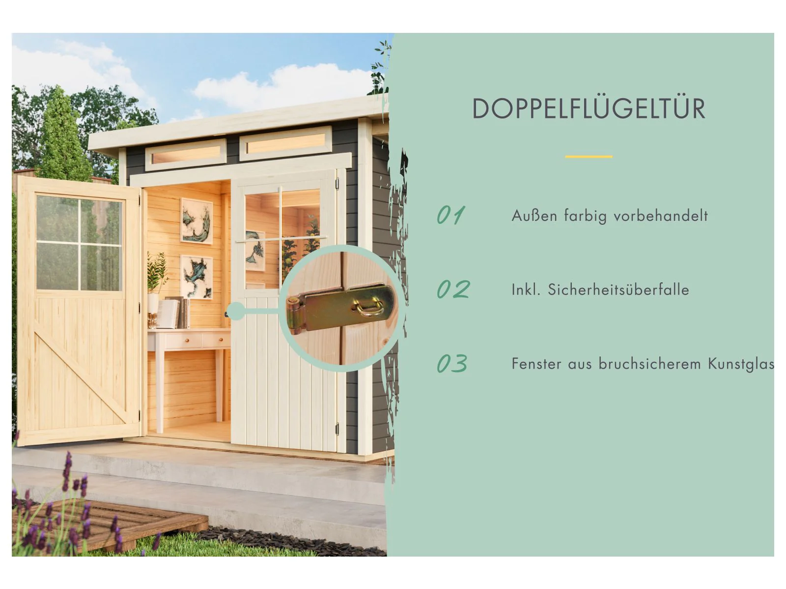 Karibu Gartenhaus Glücksburg 4 in terragrau mit Anbaudach 1,90 Meter - Image 8