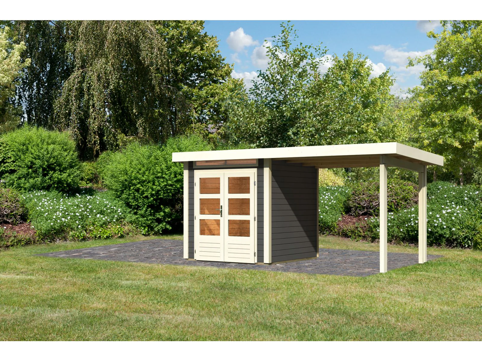 Karibu Gartenhaus Kandern 1 mit Anbaudach 2,35 m, terragrau