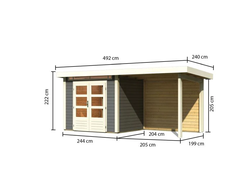 Karibu Gartenhaus Kandern 2 terragrau mit Anbaudach 2,35 m inkl. Rückwand - Image 3