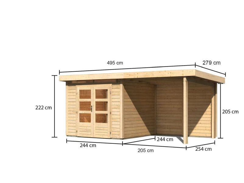 Karibu Gartenhaus Kandern 3 natur mit Anbaudach 2,35 m inkl. Rückwand - Image 3