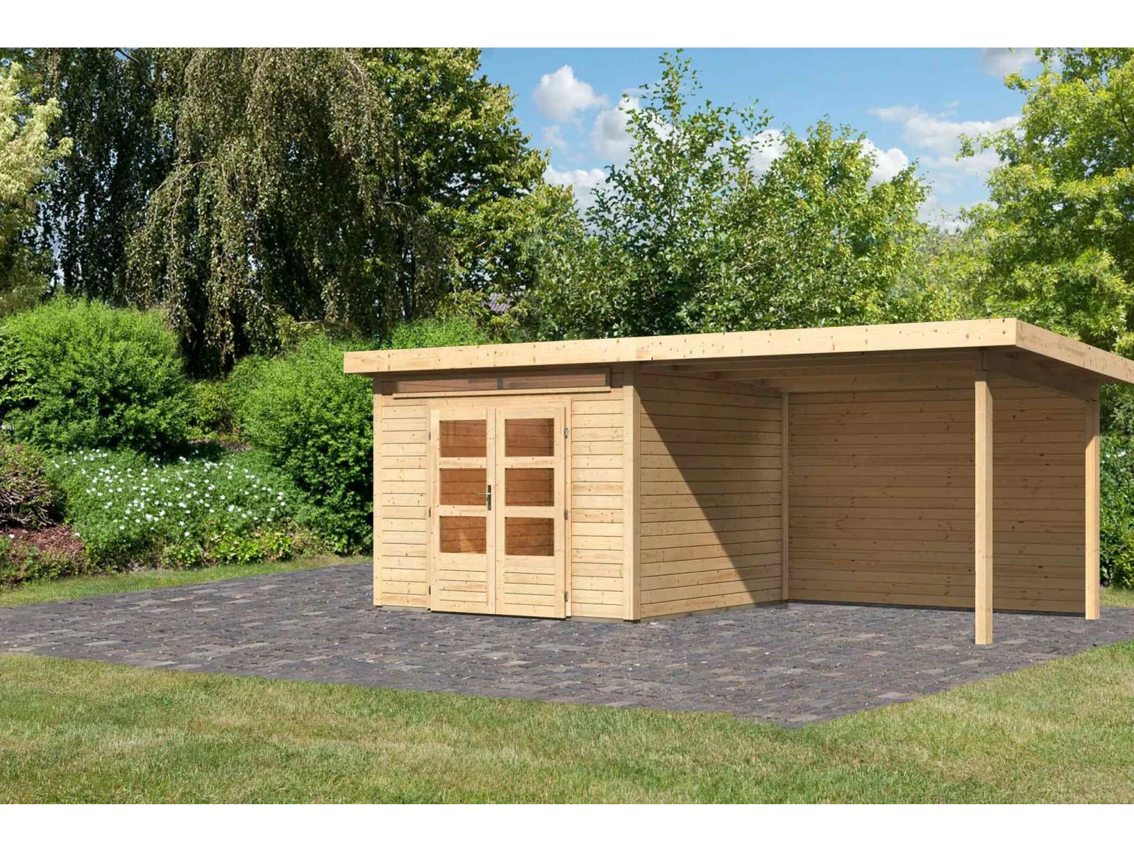Karibu Gartenhaus Kandern 6 mit Anbaudach 3,2 Meter inkl. Rückwand