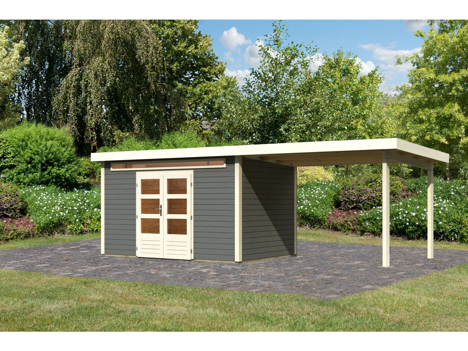 Karibu Gartenhaus Kandern 7 in terragrau mit Anbaudach 3,20 Meter