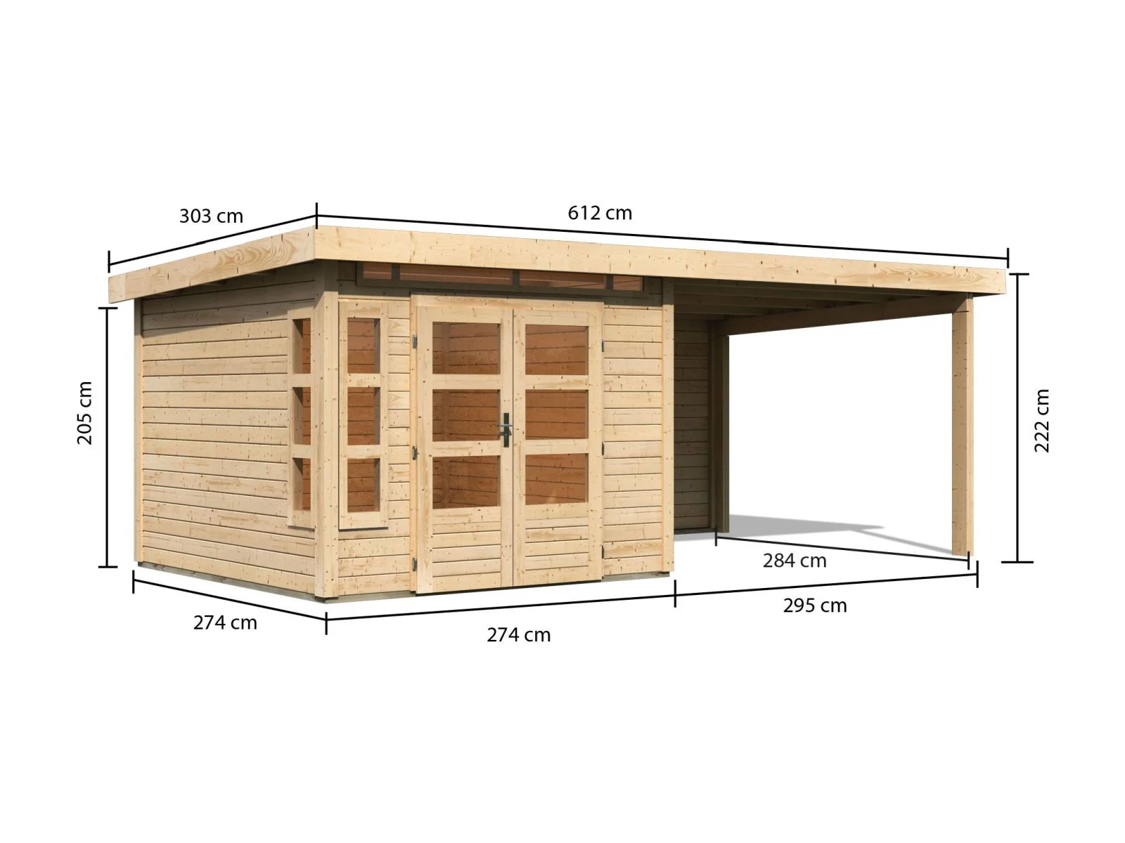 Karibu Gartenhaus Kastorf 6 - natur mit Anbaudach 3,2 m und 28 mm Rückwand - Image 2