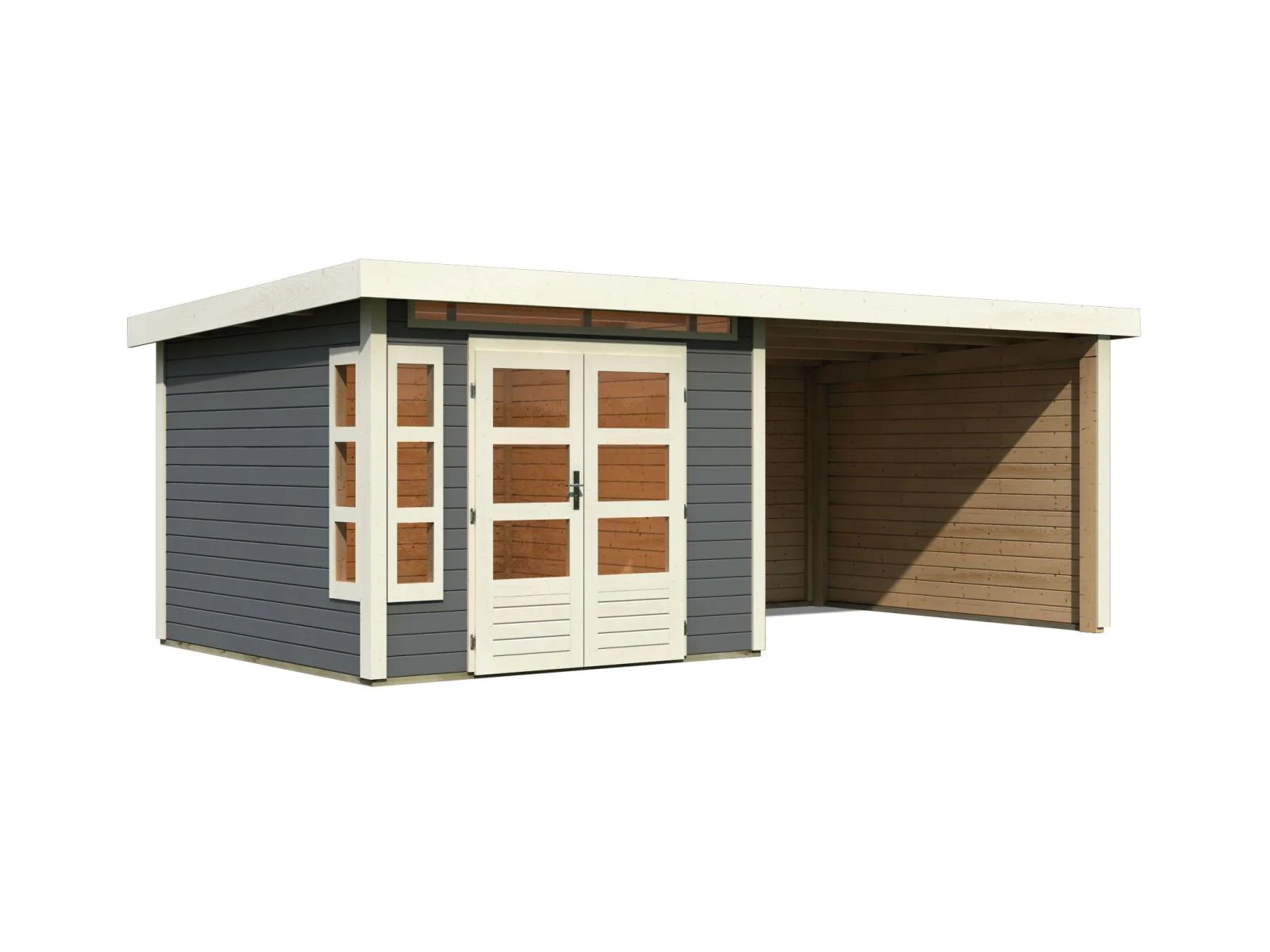 Karibu Gartenhaus Kastorf 6 - terragrau mit Anbaudach 3,2 m und 28 mm Seiten- und Rückwand - Image 4