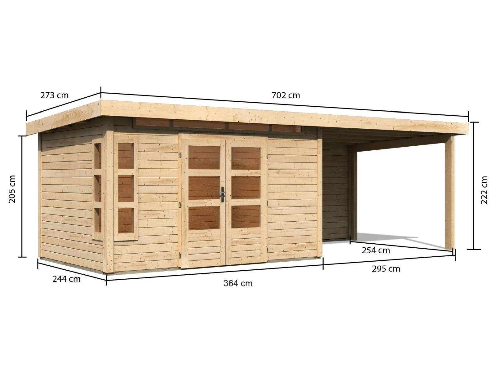 Karibu Gartenhaus Kastorf 7 - natur mit Anbaudach 3,2 m und 28 mm Rückwand - Image 2
