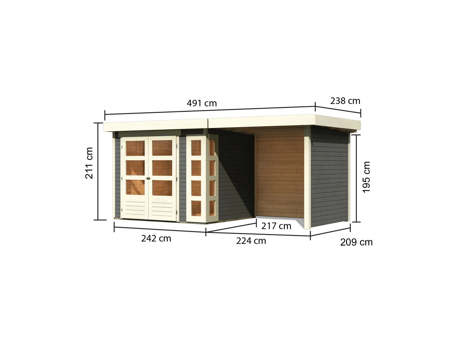 Karibu Gartenhaus Kerko 3 in terragrau mit 2,40 m Anbaudach und Rück-und Seitenwänden - Image 3