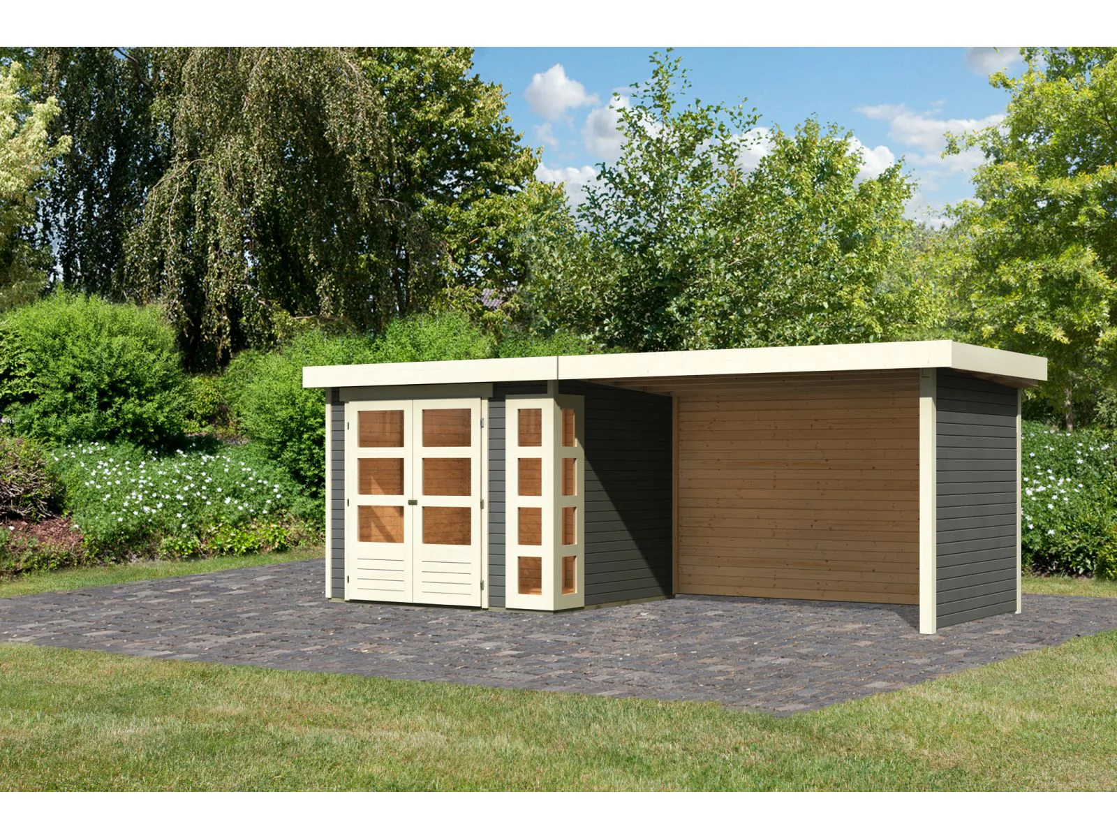 Karibu Gartenhaus Kerko 3 in terragrau mit 2,80 m Anbaudach inklusive Rück-und Seitenwand