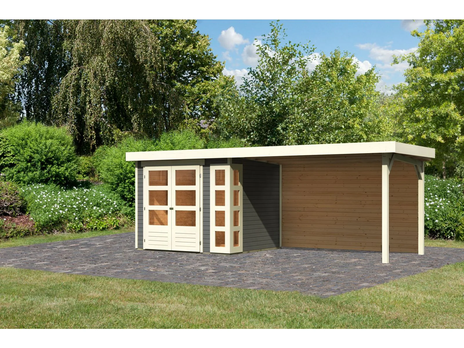 Karibu Gartenhaus Kerko 3 terragrau mit Anbaudach 2,80 m inkl. Rückwand