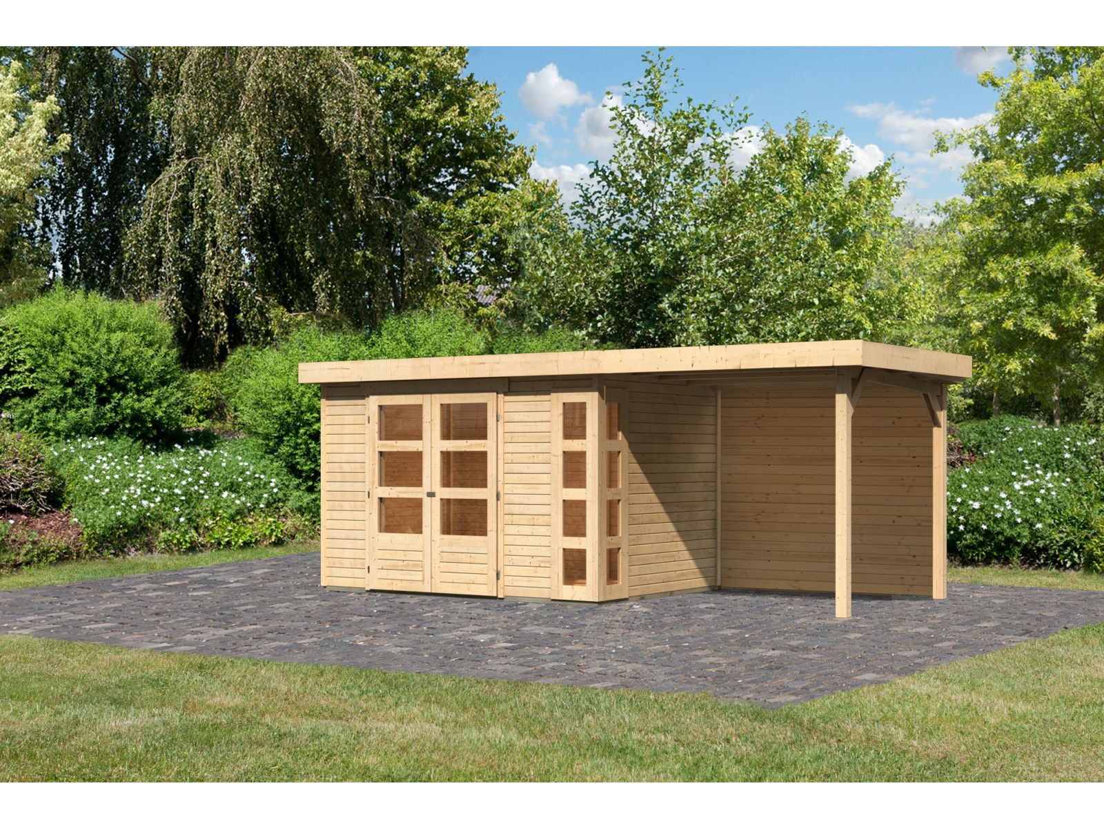Karibu Gartenhaus Kerko 4 natur mit Anbaudach 2,40 m, Rückwand