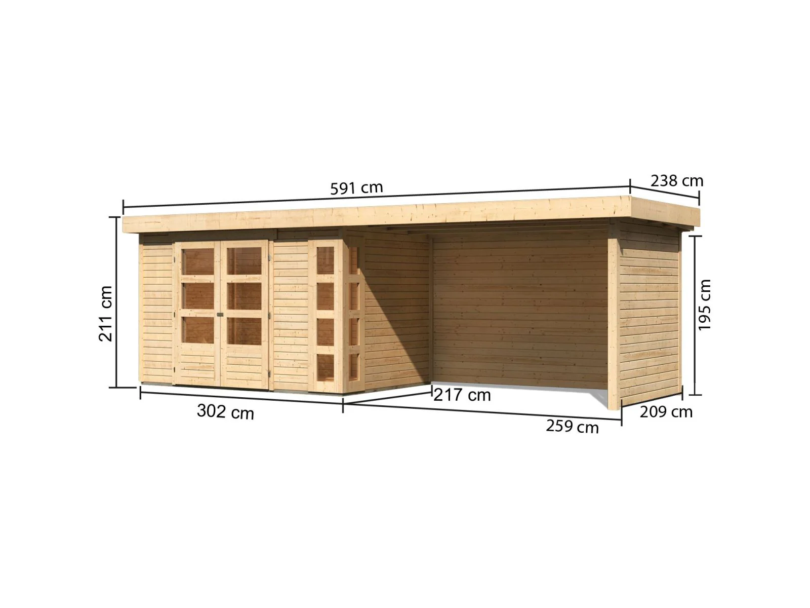 Karibu Gartenhaus Kerko 4 natur mit Anbaudach 2,80 m inklusive Rück-und Seitenwand - Image 3