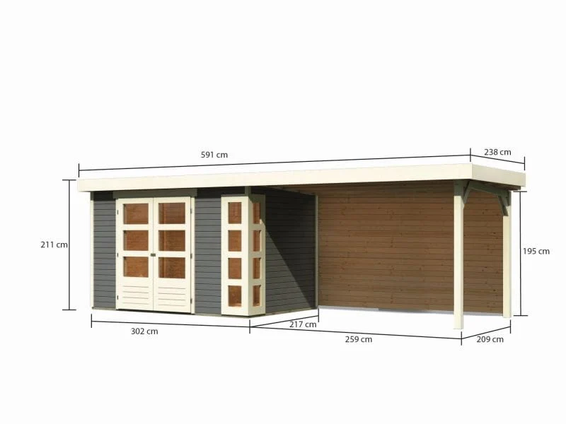 Karibu Gartenhaus Kerko 4 terragrau mit Anbaudach 2,80 m inkl. Rückwand - Image 3