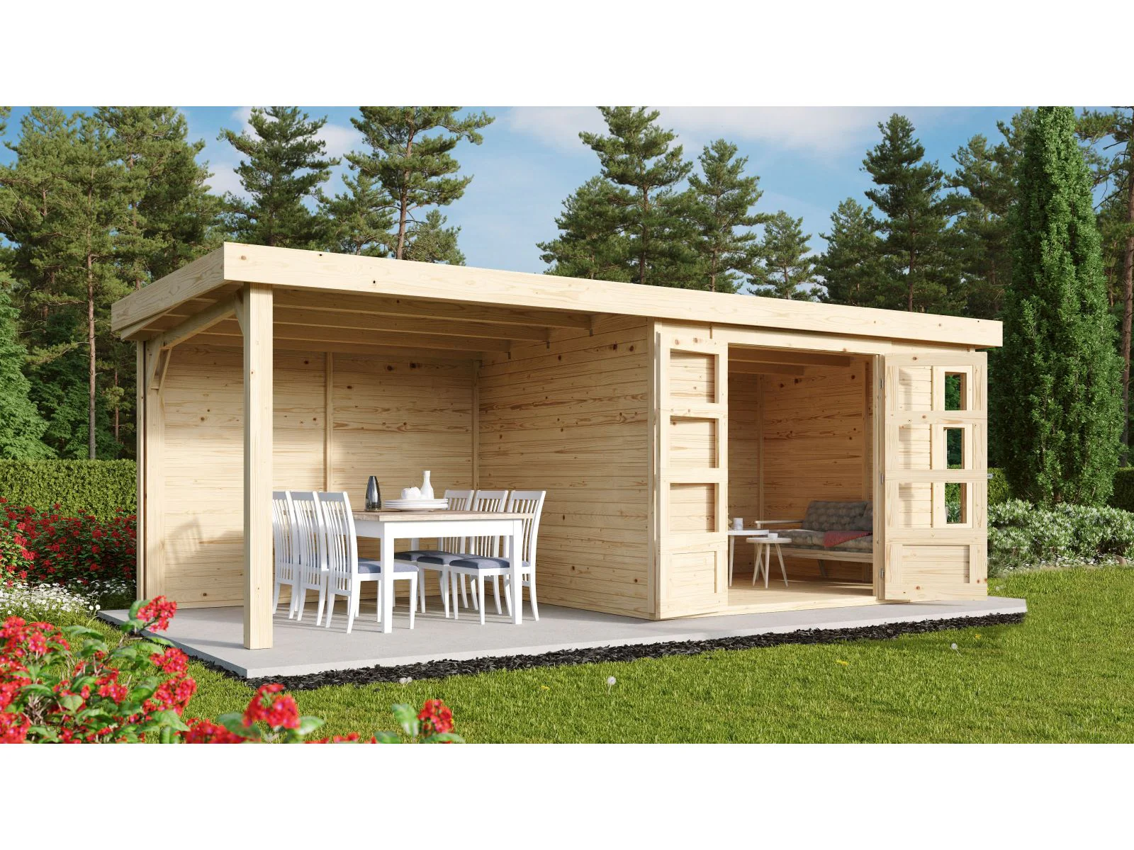 Karibu Gartenhaus Kerko 5 natur mit Anbaudach 2,40 m inkl. Rückwand